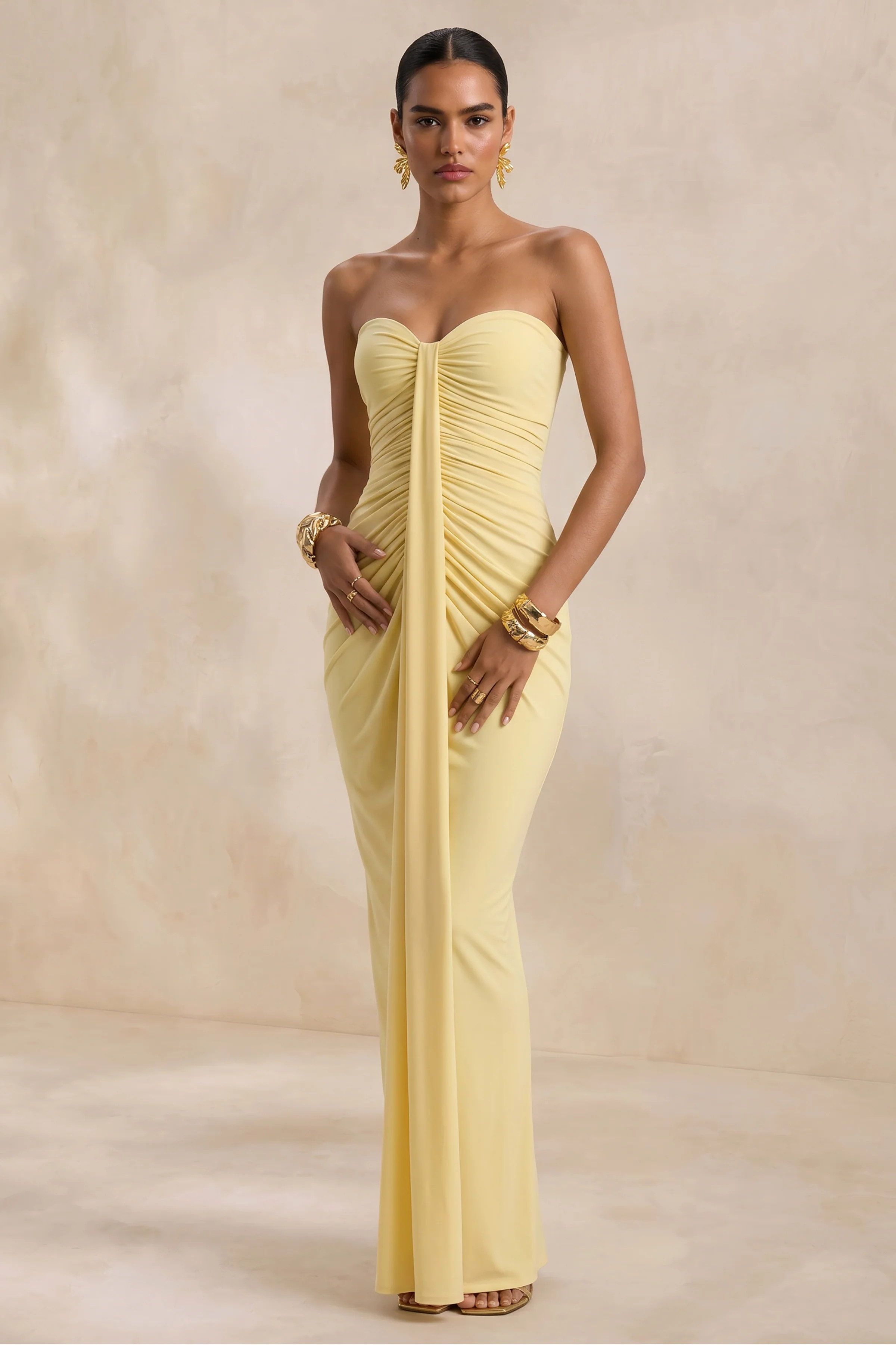 Ali | Lemon Sweetheart Ruched Wrap Maxi Dress | Club L London