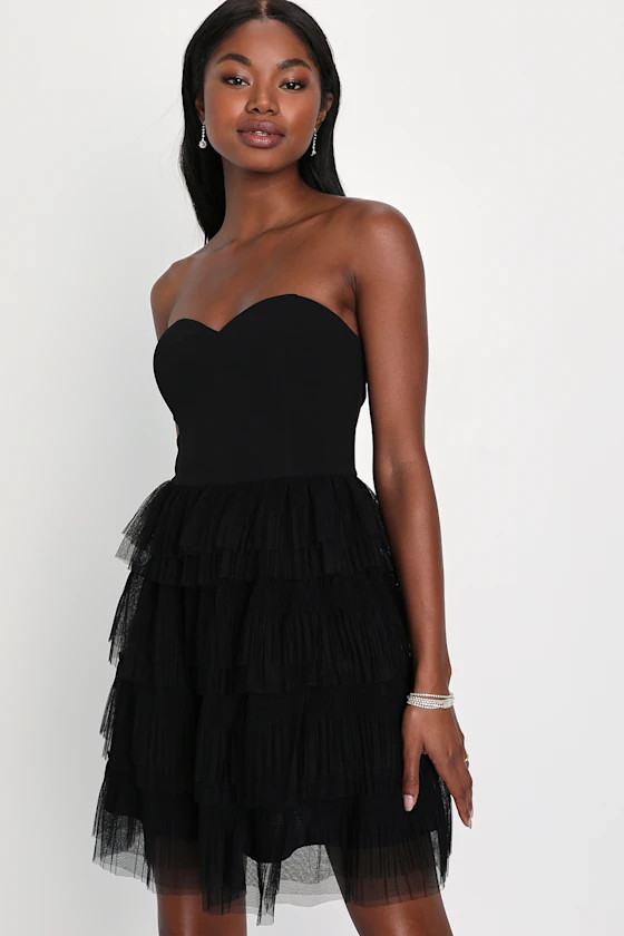 Fabulous Thoughts Black Tulle Strapless Tiered Mini Dress | Lulus