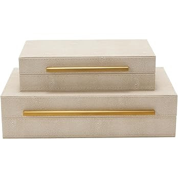 Sagala Set of 2 Ivory Shagreen Decorative Boxes With Brushed Gold Metal Handles, Faux Leather Jew... | Amazon (US)