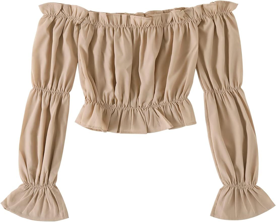LYANER Women's Off Shoulder Ruffle Trim Puff Long Sleeve Tube Crop Blouse Shirt Top | Amazon (US)