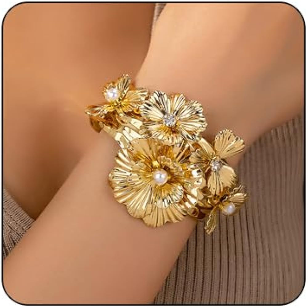 Chunky Gold Cuff Bracelets for Women Vintage Pearl Crystal Flower Bracelet Bohemian Style Open Ba... | Amazon (US)