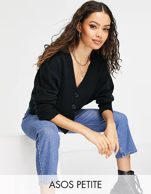 ASOS DESIGN Petite button through fluffy boxy cardi in black | ASOS (Global)