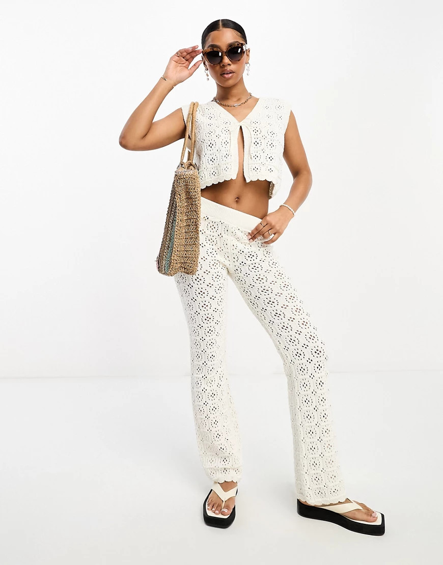 ASOS DESIGN knitted crochet wide leg pants in cream - part of a set-White | ASOS (Global)