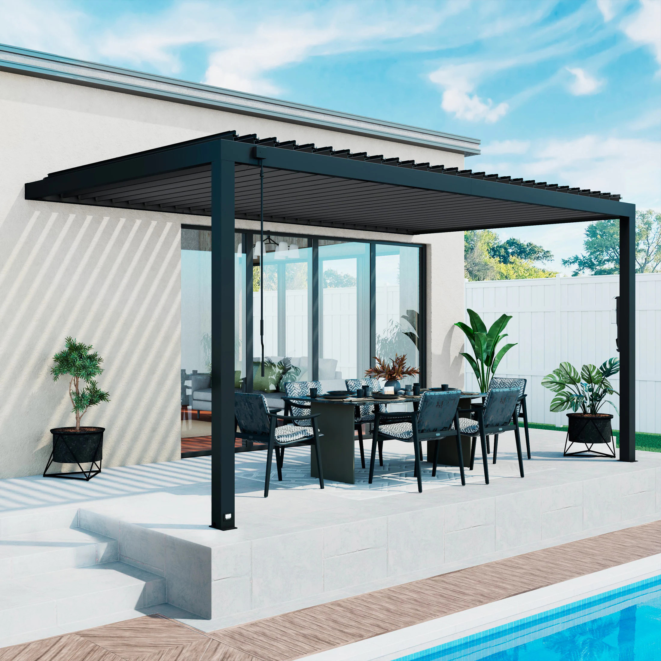 Backyard Discovery Evanston 10-ft W x 16-ft L x 8-ft 2-in H Black Metal Attached Pergola with Canopy Large | 2407107COM | Lowe's