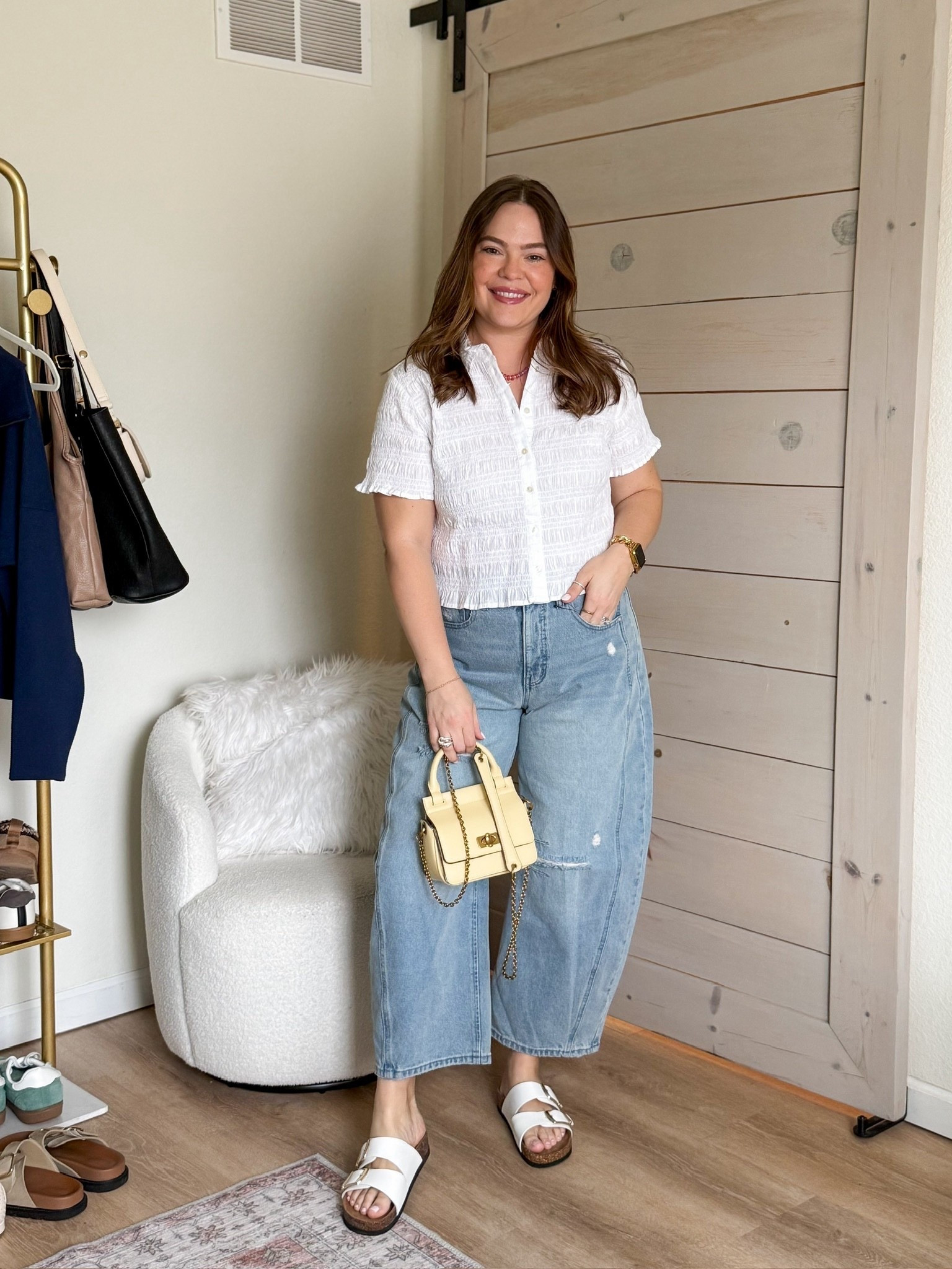 Walmart spring finds // neutral outfit that can be workwear and dressed up or down / wearing size 12 in jeans and xl in the top // barrel jeans / white button up / women’s workwear / butter yellow purse 

#LTKSeasonal #LTKWorkwear #LTKMidsize