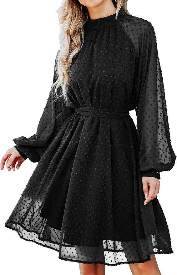 Women Dresses Long Sleeve Wedding Guest Dresses Flowy Chiffon Swiss Dot Casual Midi Dress with Be... | Amazon (US)