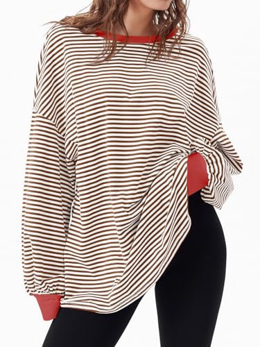 Tankaneo Womens Oversized Long Sleeve T Shirts Striped Color Block Cotton Tunic Tops Loose Fit Fa... | Amazon (US)