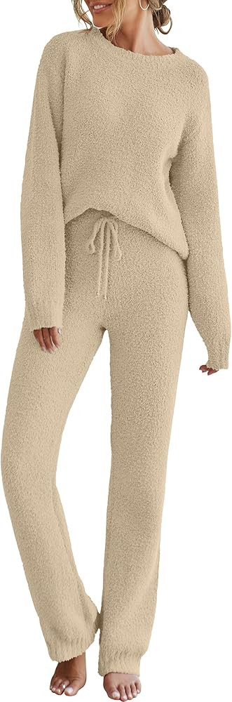 MEROKEETY Womens Fuzzy Fleece Long Sleeve 2 Piece Loungewear Outfits Sweater Pants Pajama Sets | Amazon (US)