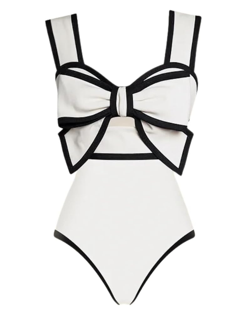 FLAXMAKER Black and White Swimsuit Bow-tie Decor One Piece Bathing Suit | Amazon (US)
