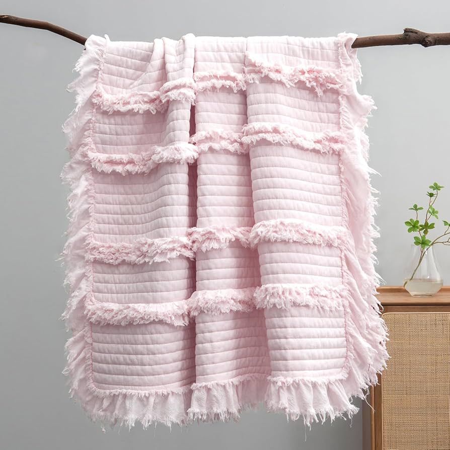 Ultra Soft Pre-Washed Quilted Throw Blanket, Ruffle Fringed Light Pink Decorative Throw, Stone Wa... | Amazon (US)