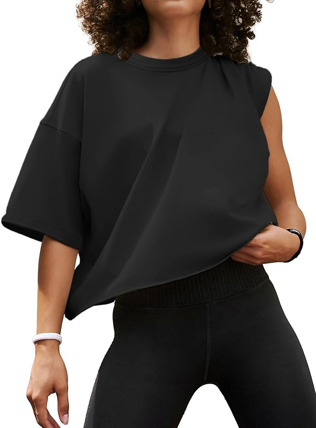 Women's Oversize Workout Crop Tops Casual Short Sleeve Drop Shoulder Boxy T-Shirts Roll Hem Basic... | Amazon (US)
