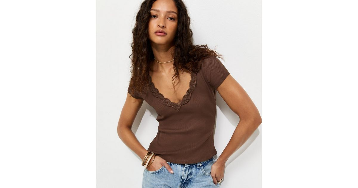 Dark Brown V Neck Lace Trim Top | New Look | New Look (UK)