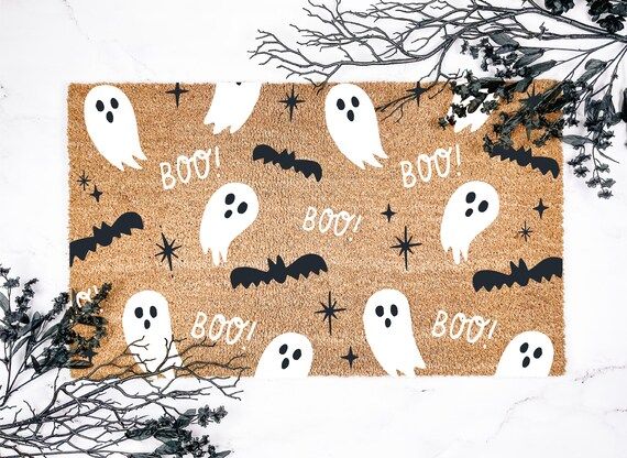 Boo! Ghost & Bat Pattern Halloween Doormat, Halloween Decor, Fall Decor, Welcome Mat, Housewarmin... | Etsy (US)