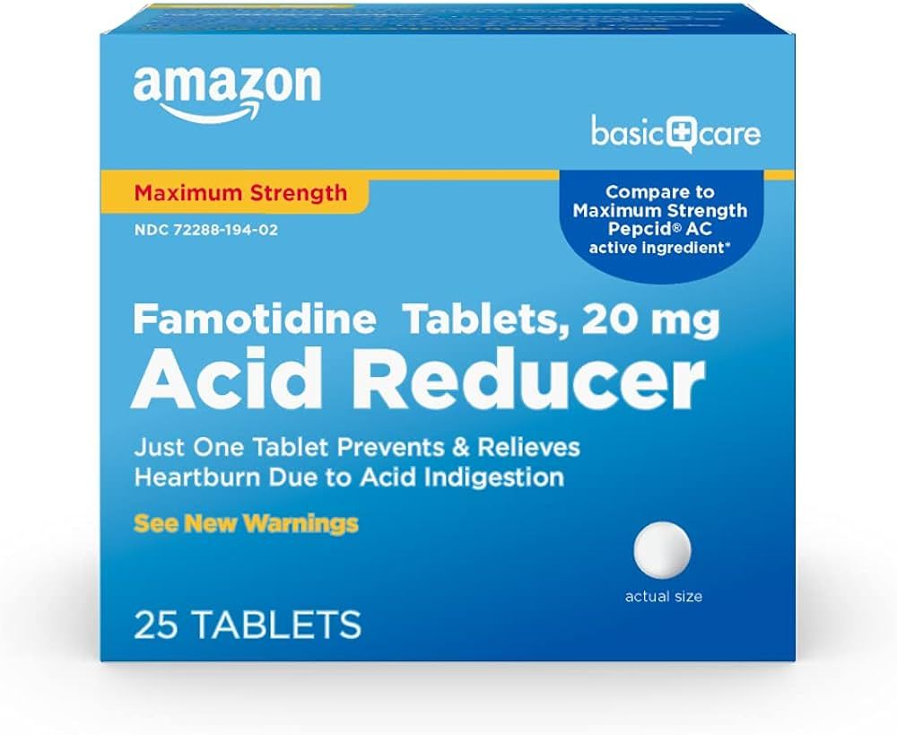 Amazon Basic Care Maximum Strength Famotidine Tablets 20 mg, Acid Reducer for Heartburn Relief, 2... | Amazon (US)