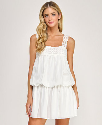 Juniors' Lace Straps Square Neck Short Dress | Macy's