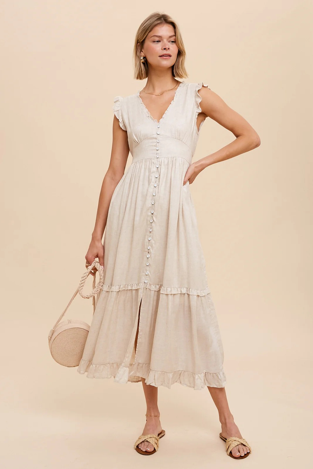 Cream Linen Button Front Ruffle Midi Dress | PinkBlush Maternity