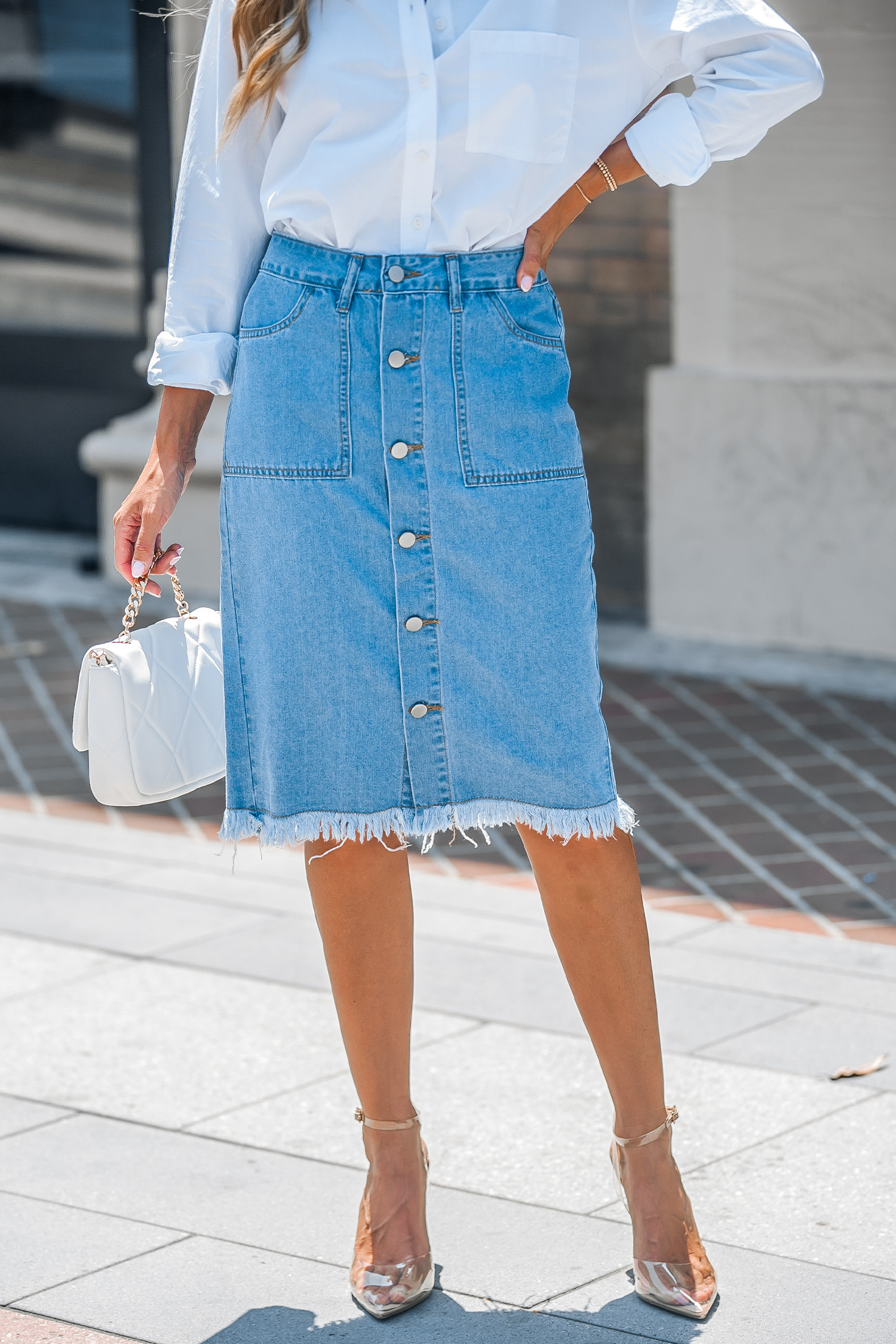 Denim Front Button Frayed Midi Skirt - M | Cupshe US