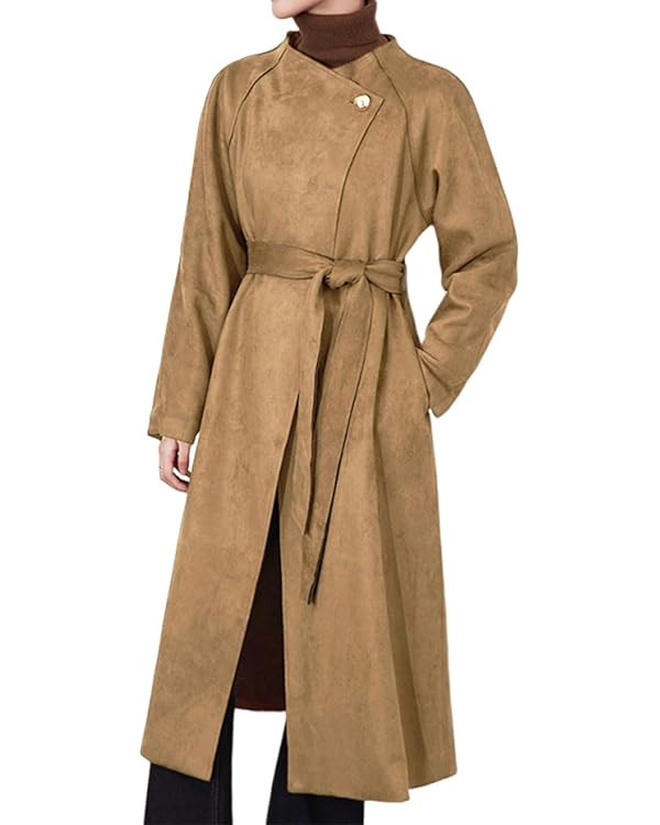 utcoco Womens Faux Suede Long Trench Coat Open Front Leather Trench Overcoat with Belt | Amazon (US)