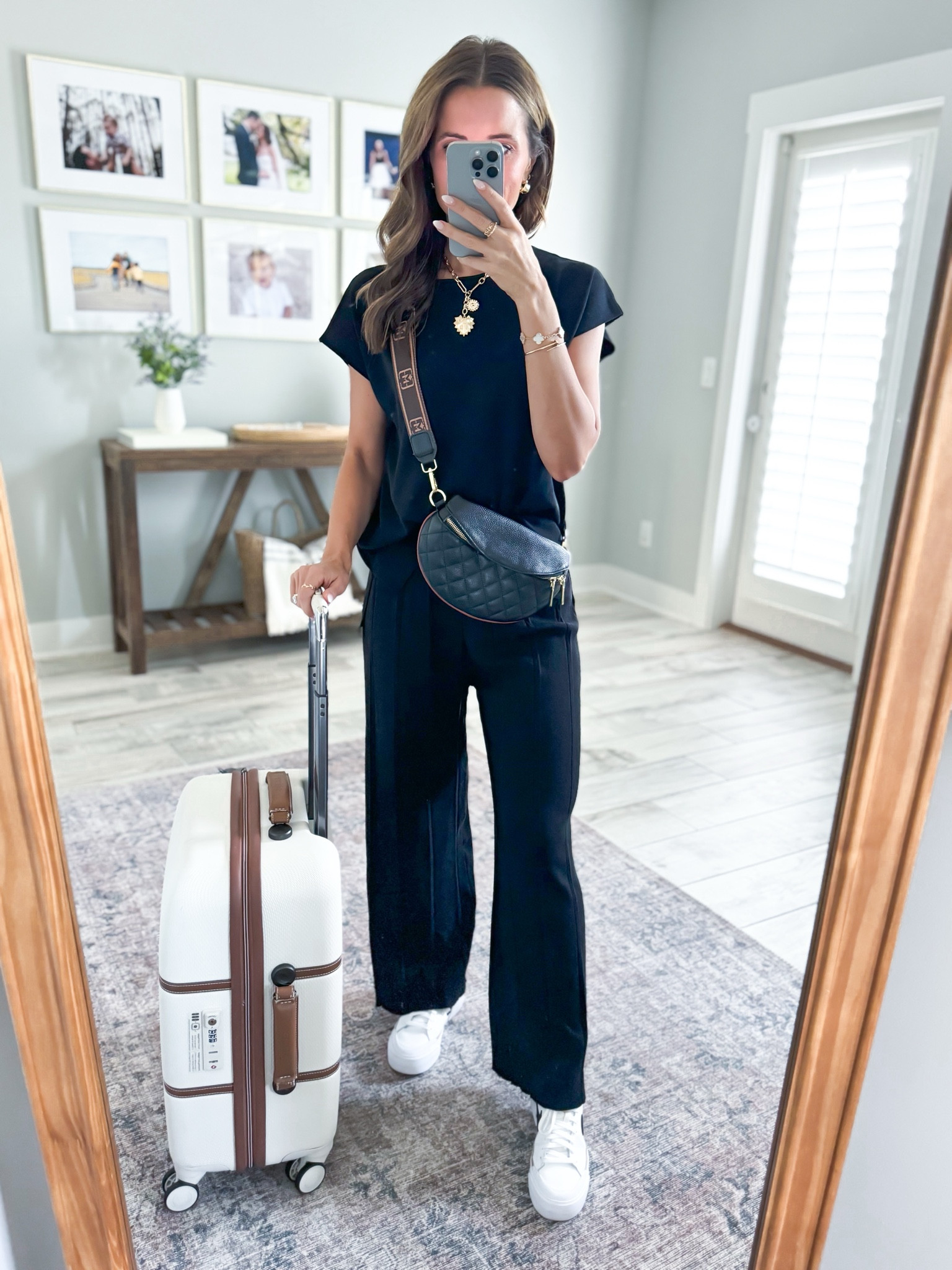 Travel outfit. Matching wide leg pant set. Amazon matching set in XS. Stretchy waistband + perfect length on me! Airport outfit. Delsey luggage. Elevated casual. Nike court legacy lift - size down half a size. Amazon belt bag. 

#LTKFindsUnder50 #LTKShoeCrush #LTKTravel