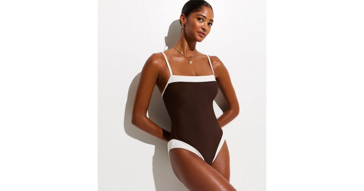 Mid Brown Contrast Trim Square Neck Swimsuit | New Look | New Look (UK)
