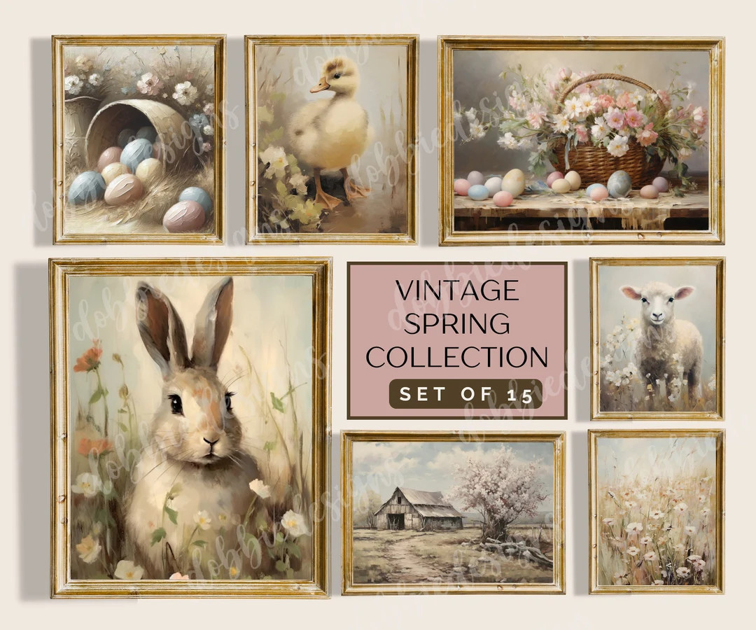 Vintage Spring and Easter Wall Art Set of 15 Prints, Vintage Spring Decor, Spring Wall Set, Seaso... | Etsy (US)