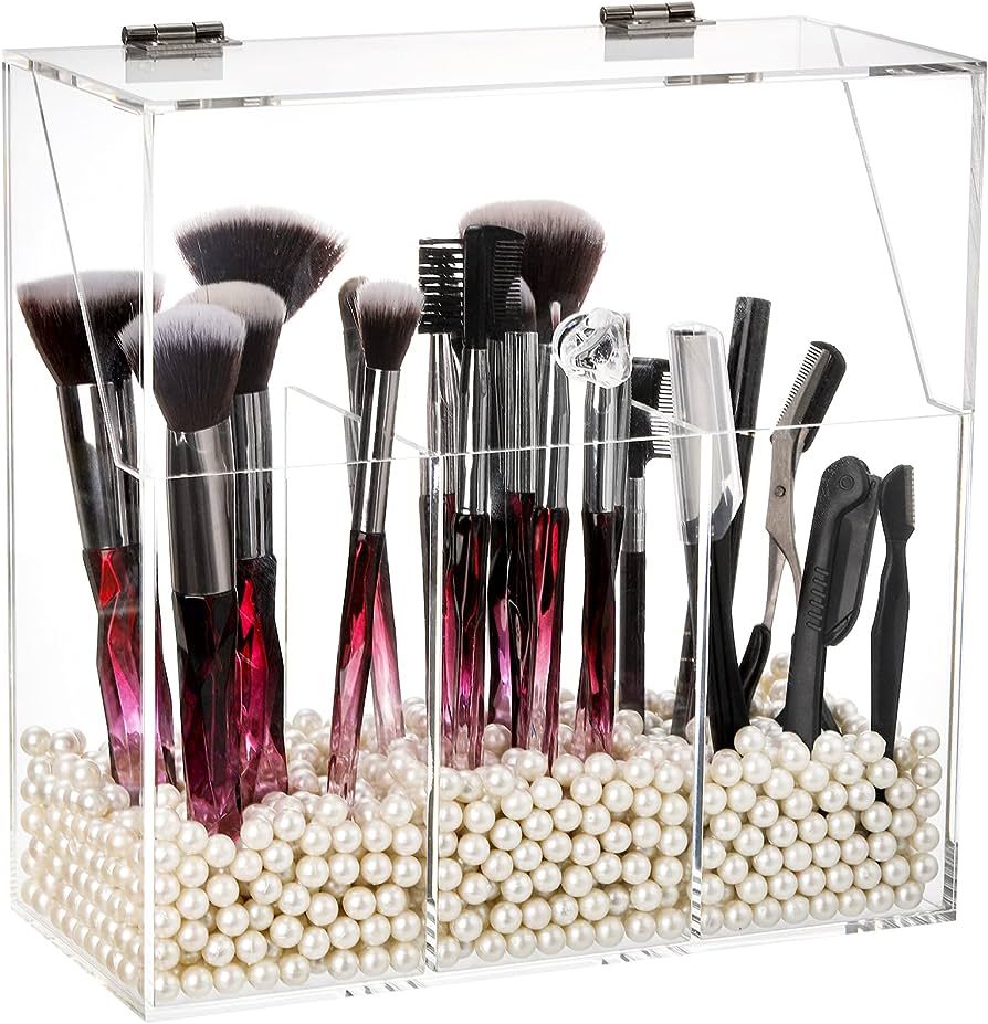 Okllen Makeup Brush Holder with Dustproof Lid, White Pearls, Acrylic Clear Makeup Brush Organizer... | Amazon (US)