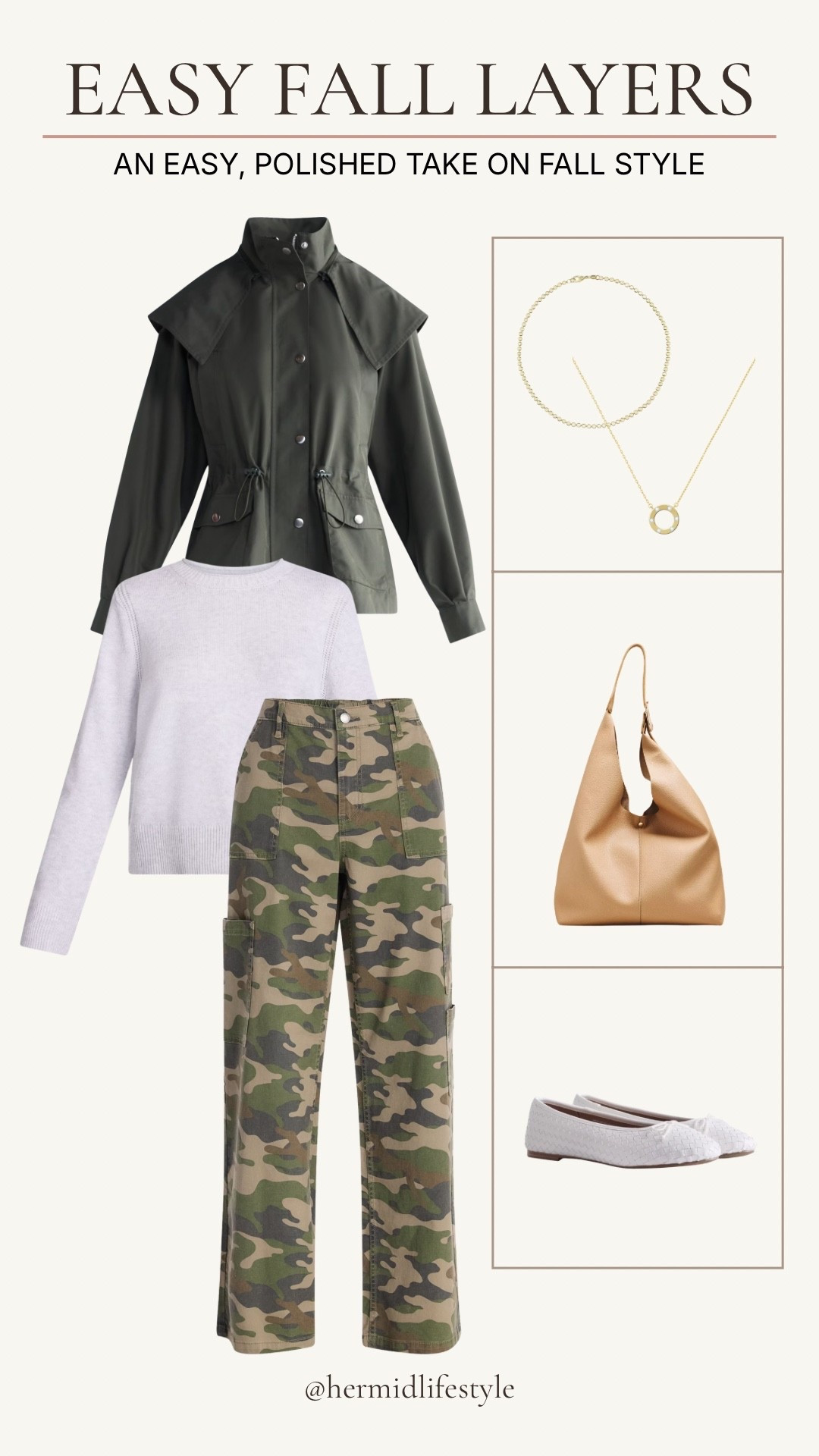 Easy fall layers with a lightweight olive jacket, soft sweater, camo cargo pants, and woven flats. I love how the neutral pieces keep the camo feeling polished and wearable for everyday fall style.

#LTKootd #LTKOver40 #LTKSeasonal