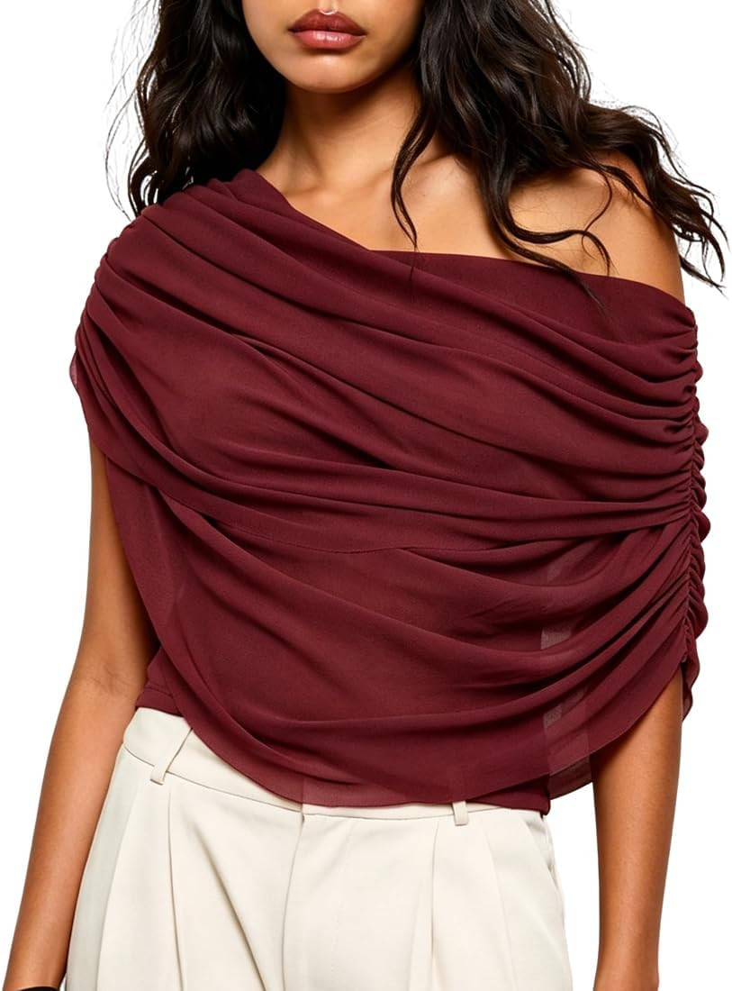 Women Off The Shoulder Half Cape Sleeve Ruched Blouse Trendy Draped Front Mesh Panel Cinched Waist Crop Top | Amazon (US)