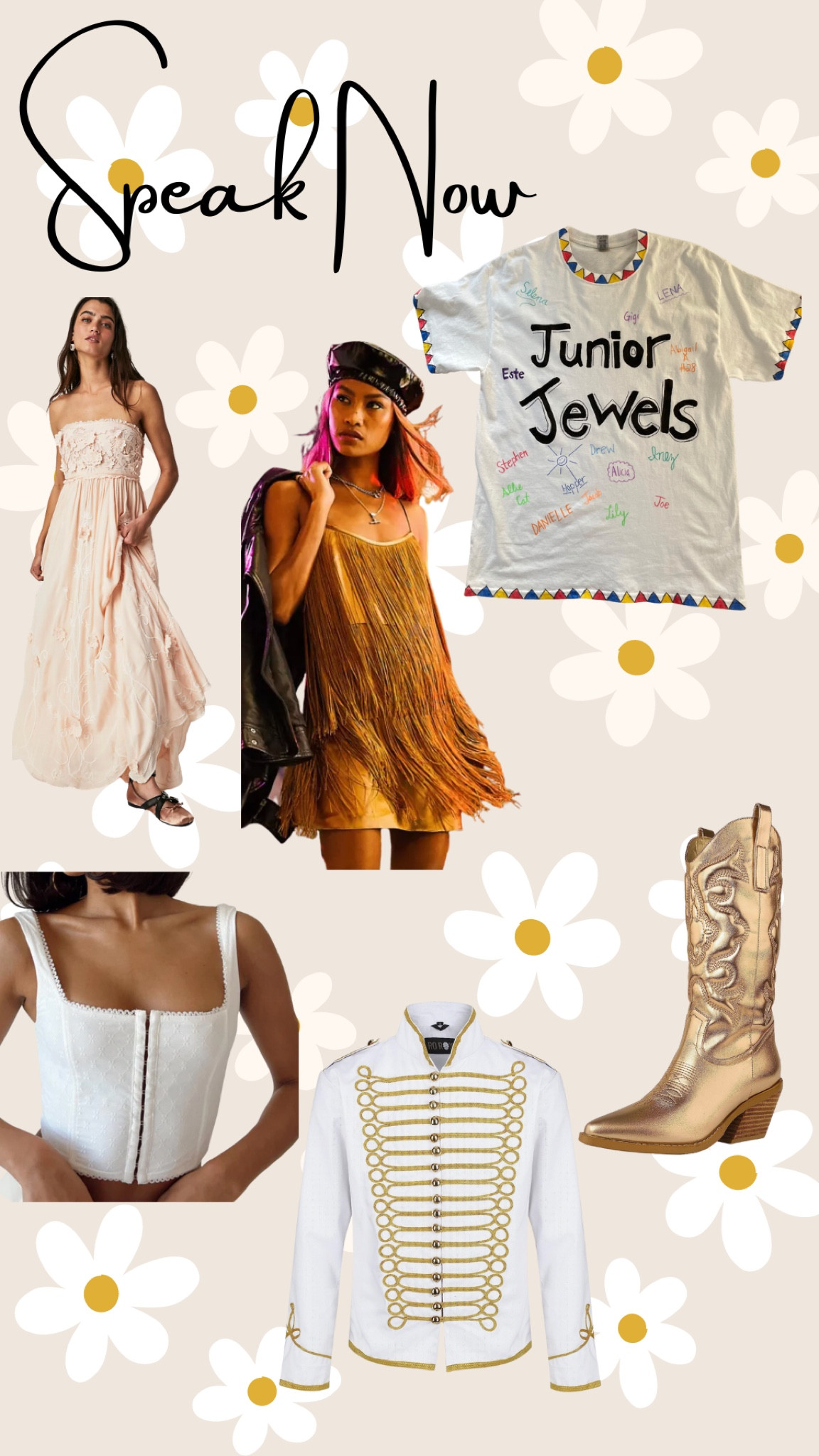 taylor swift. taylor swift eras. taylor swift concert. taylor swift outfit ideas. eras concert outfit. eras outfit. speak now. white corset top. gold cowboy boots. gold fringe dress. junior jewels. junior jewels tee. floral maxi. strapless maxi dress. 

#LTKwedding #LTKunder100 #LTKSeasonal