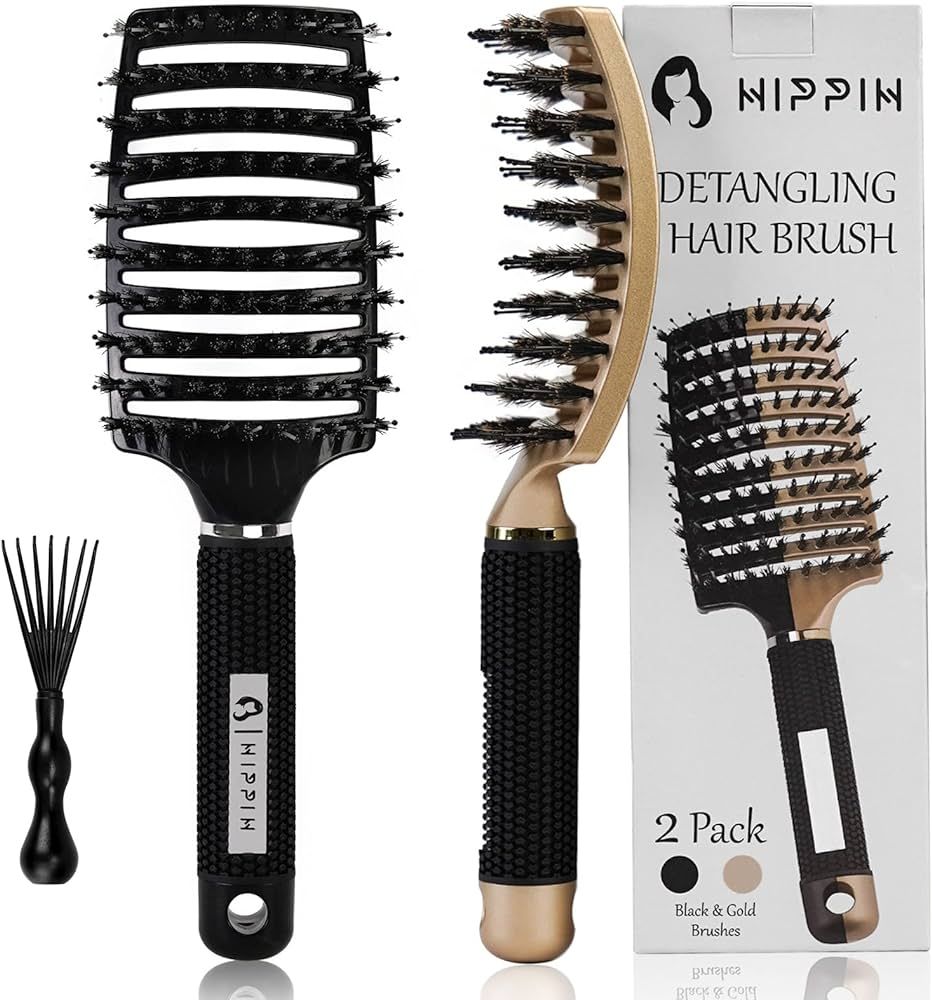 Boar Hair Brushes 2 Pack, Suitable for Men, Women & Kids’ Long Curly Wet or Dry Hair, HIPPIH Ha... | Amazon (US)