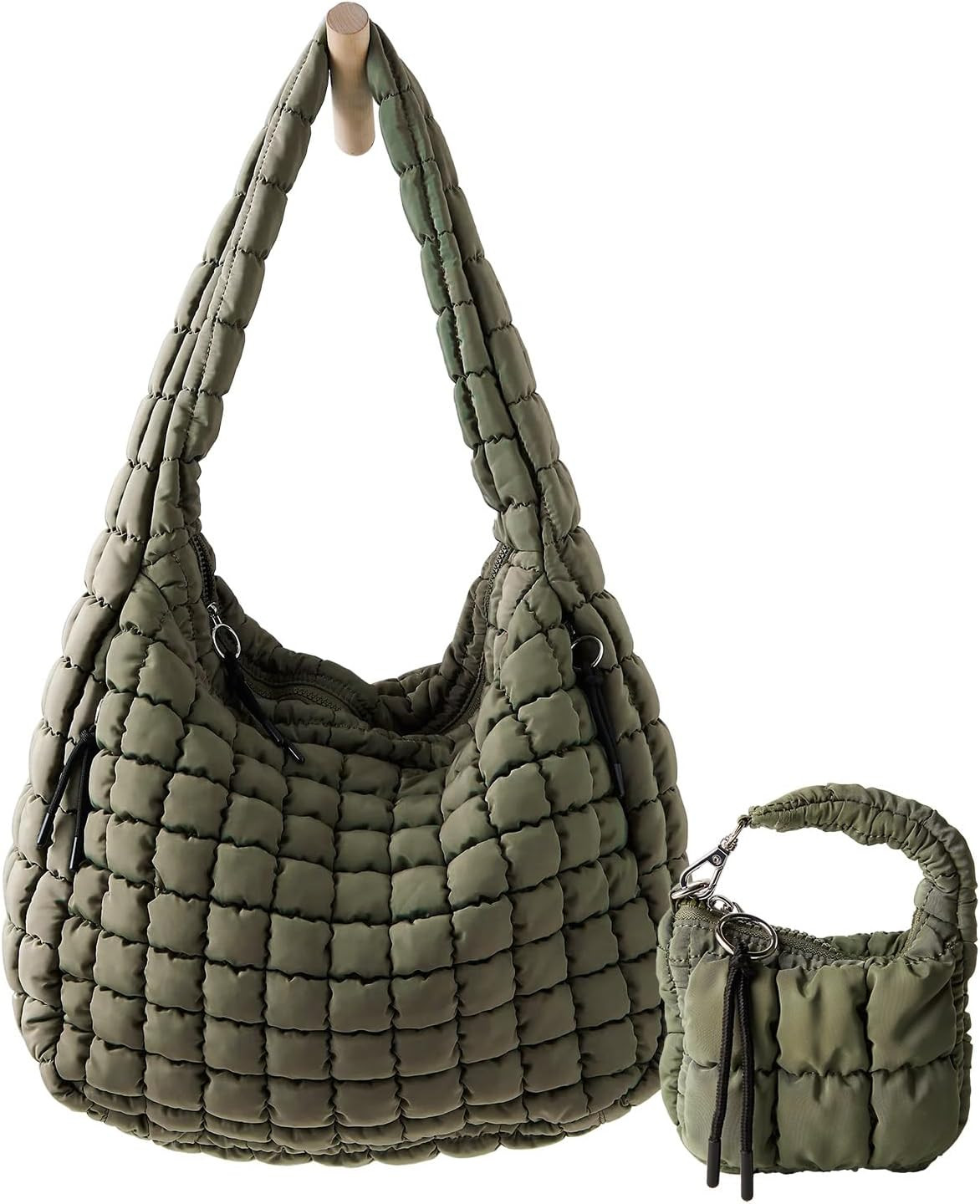 Large Quilted Puffer Tote Bag for Women Mini Pouch 2 Set Puffy Carryall | Amazon (US)