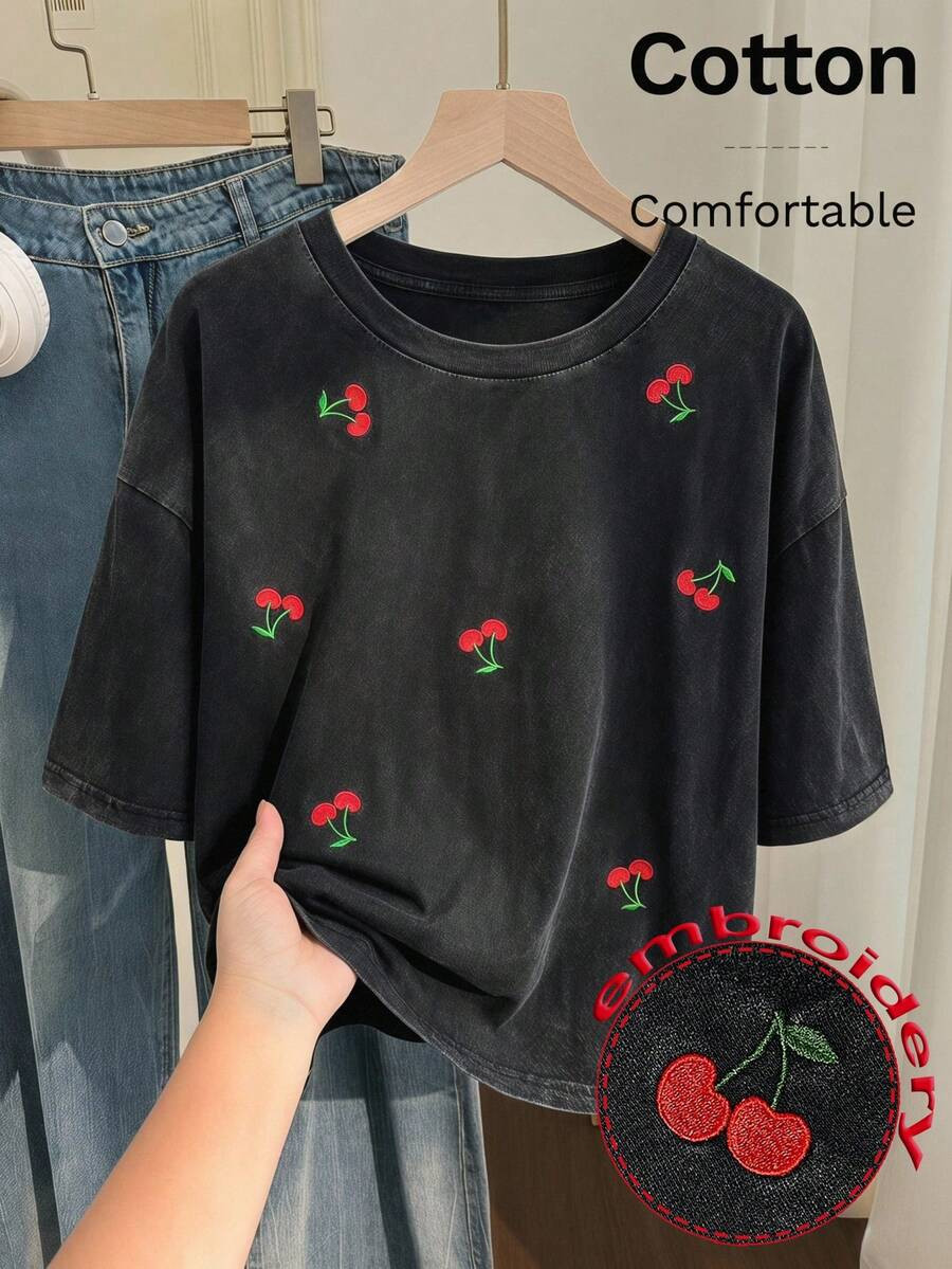 Solflare Summer Dark Green Color Washed Cotton Plus Size Short Sleeve T-Shirt Graduation Bussines... | SHEIN