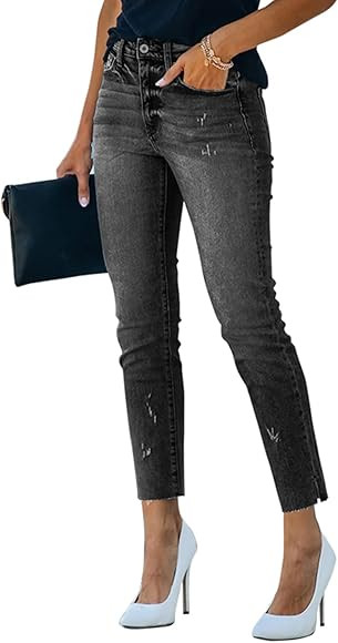 LUVOEURE Womens Middle Waist Ripped Straight Jeans Boyfriend Distressed Ankle Denim Pants S-XXL | Amazon (US)