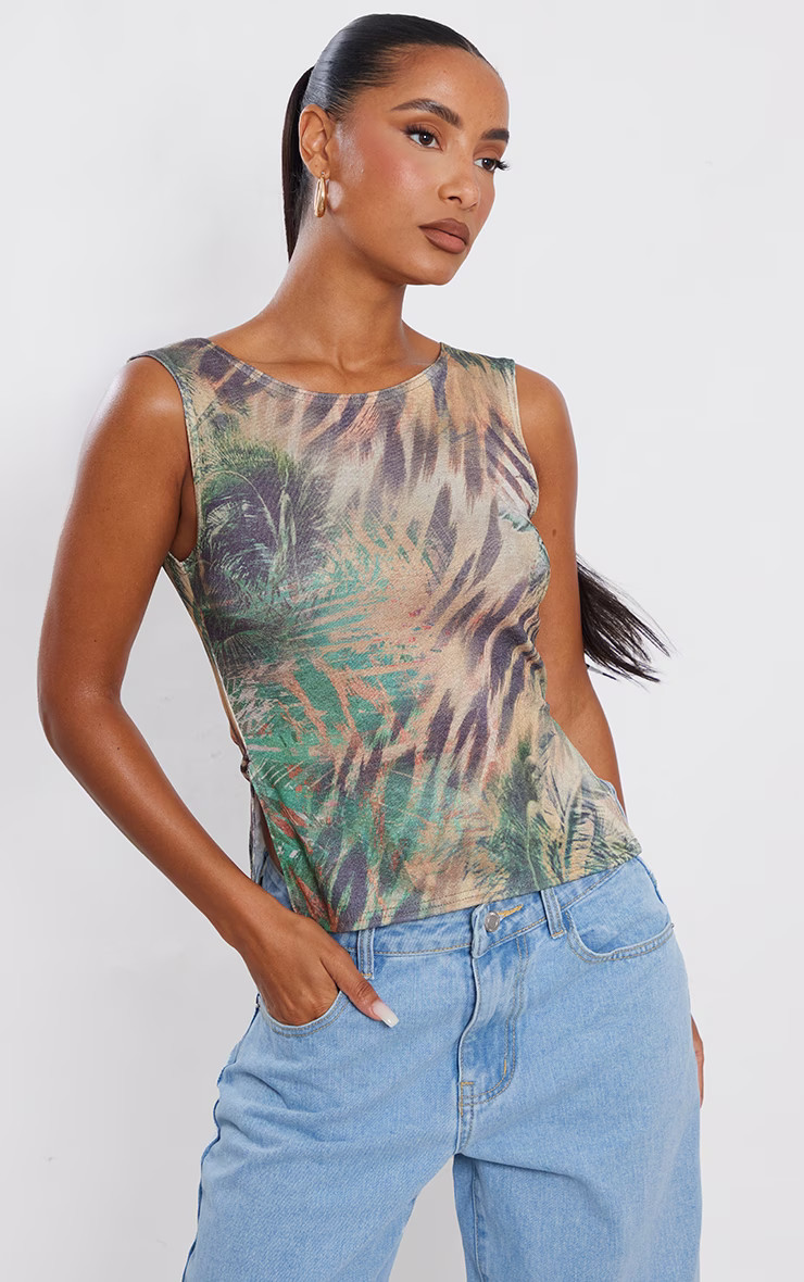 Green Animal Print Slinky Sleeveless Split Hem Longline Top | PrettyLittleThing UK