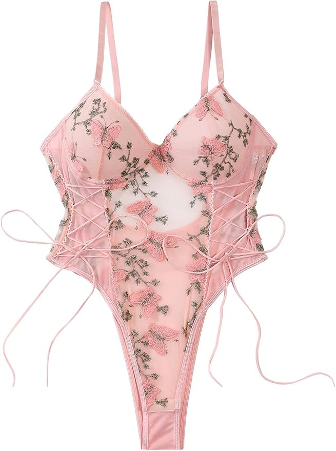 Lilosy Women Sexy Lace Up Floral Embroidered Teddy Lingerie Bodysuit Top Mesh Sheer One Piece | Amazon (US)