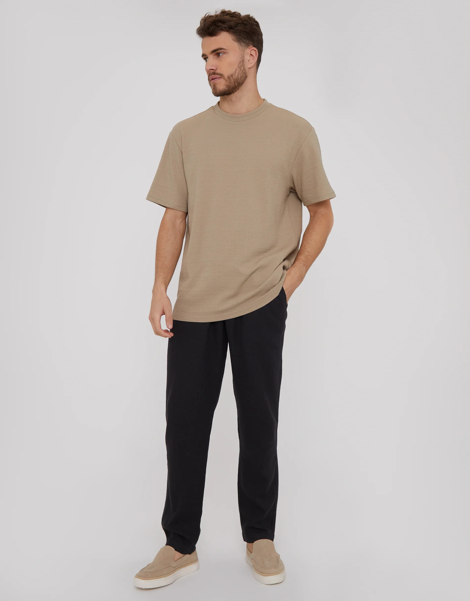 Linen Blend Drawcord Trousers in Black | Threadbare UK