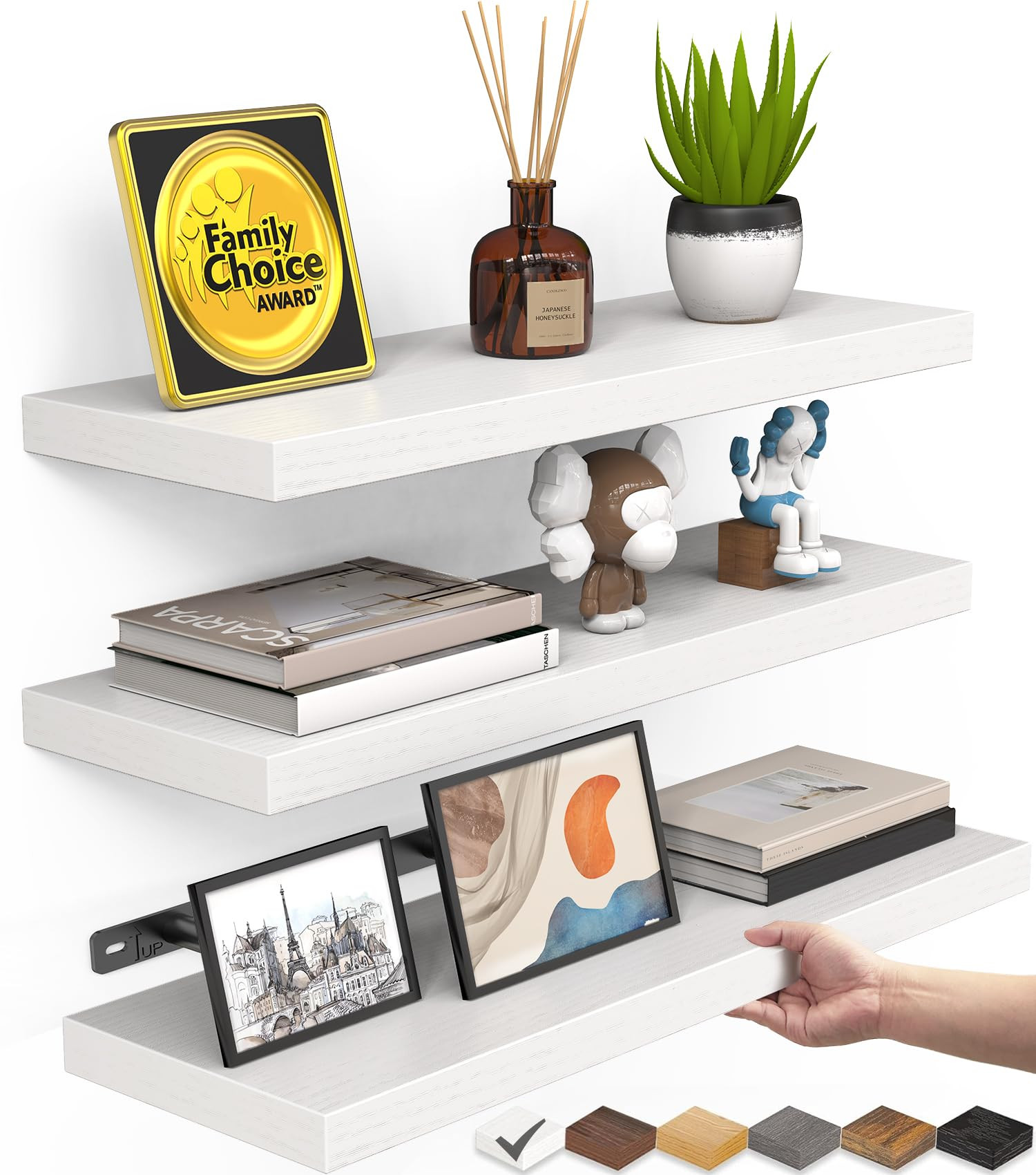 BAYKA White Floating Shelves for Wall Set of 3, Rustic Wood Wall Shelves with Metal Brackets for ... | Amazon (US)
