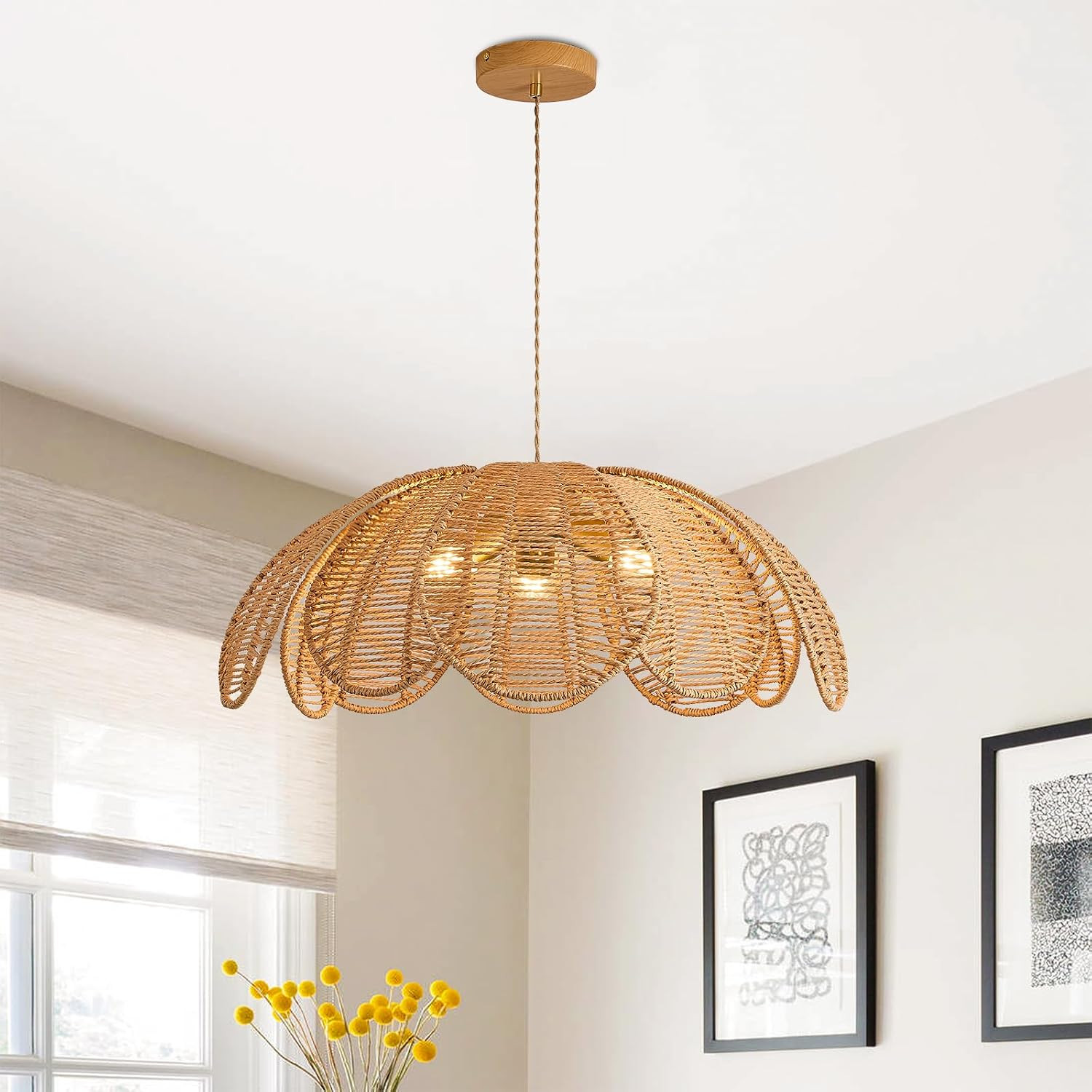 24“ Farmhouse Chandeliers for Dining Room, 3-Light Rattan Boho Chandelier Light Fixture Coastal Hanging Pendant Light for Kitchen Island | Amazon (US)