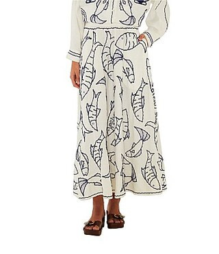 Farm Rio Fresh Fish Linen Blend Pull-On Midi Skirt - M | Dillard's