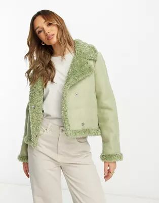 NA-KD x Stephsa faux suede jacket in green | ASOS (Global)