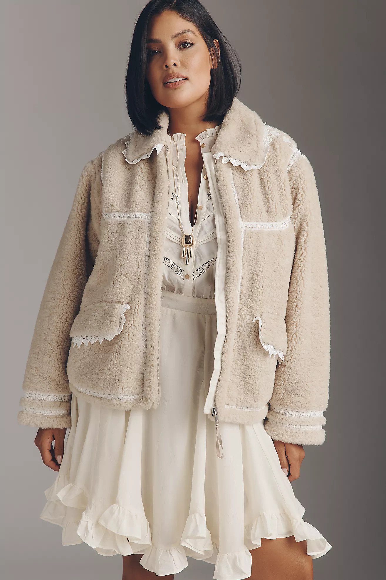 By Anthropologie Sherpa Fleece Lace-Trim Crop Jacket | Anthropologie (US)