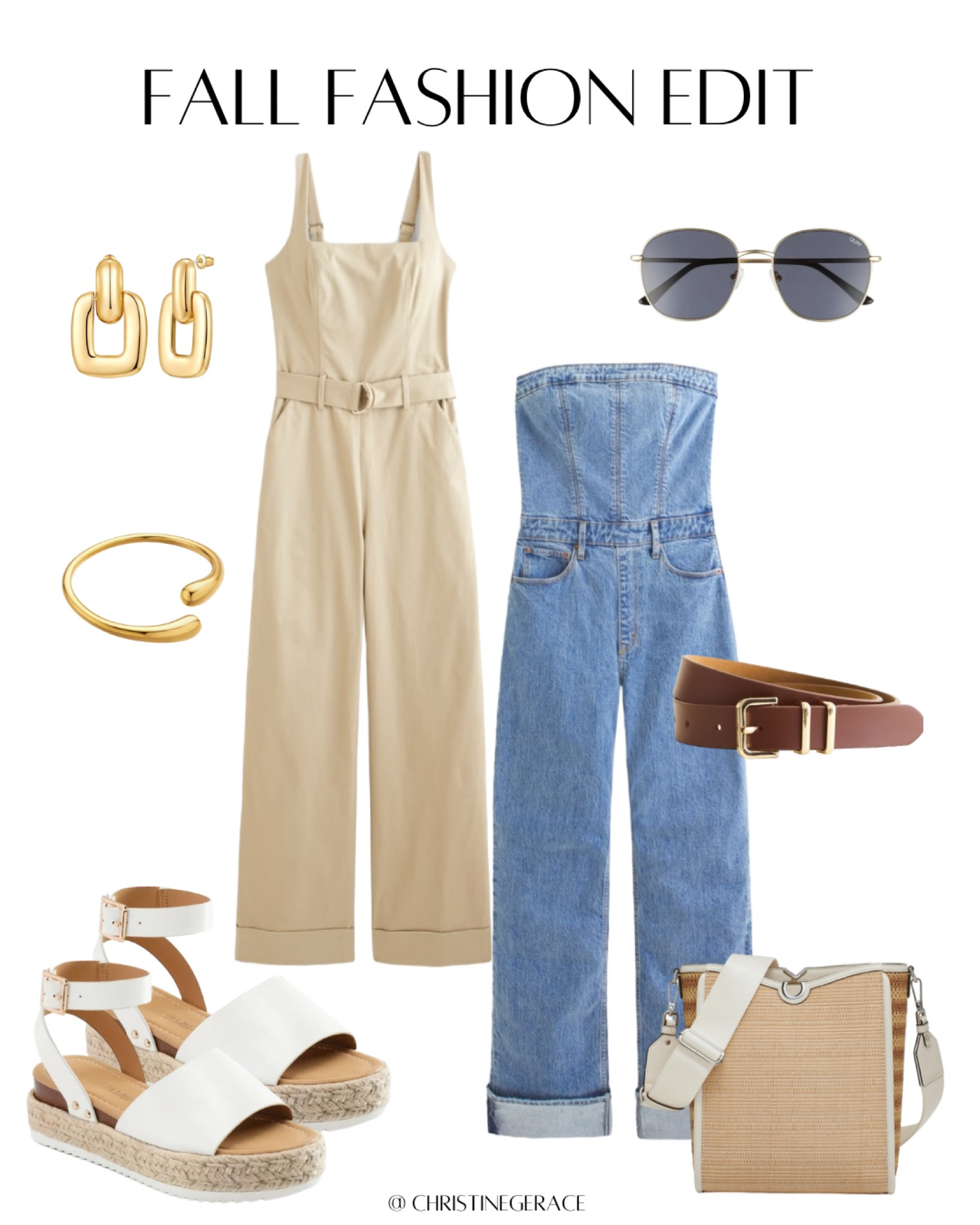 Fall fashion on Abercrombie denim jumpsuit, Chino jumpsuit, square skinny belt, Amazon, Crossbody, bag, round, sunglasses, gold, earrings, and bracelet, strappy sandals

#LTKStyleTip #LTKFindsUnder50 #LTKFindsUnder100