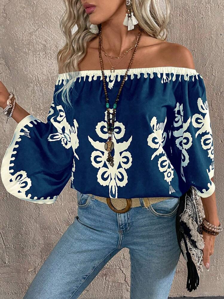 EMERY ROSE Women's Vintage Loose Fit Vacation Off-Shoulder Printed Shirt With Flare Sleeves,Three Quarter Sleeve Tops | SHEIN