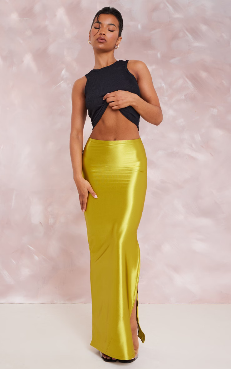 Olive Stretch Satin Split Side Maxi Skirt | PrettyLittleThing UK