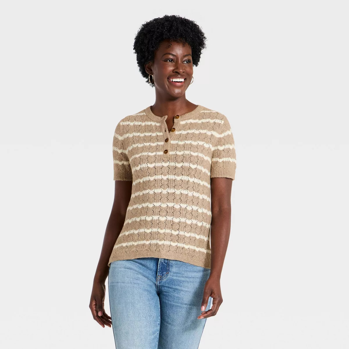 Women's Short Sleeve Heirloom Henley Pullover Sweater - Universal Thread™ Taupe Striped XS | Target