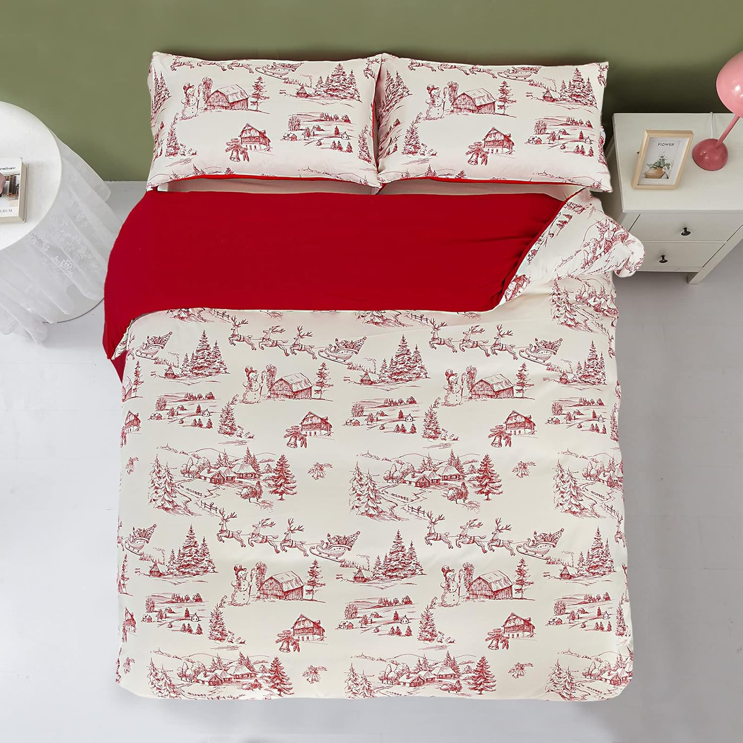 Yiran Red Christmas Duvet Cover Set with 2 Pillowcases,Cream Pink Christmas Deer Snowman Village ... | Amazon (US)