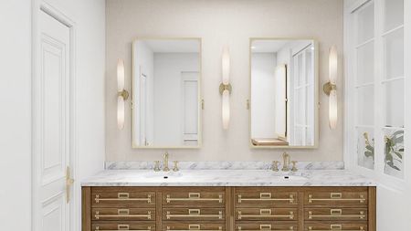 Classic & Bright Bathroom Design.
Gold pivot mirrors + linear bath bar light sconces, and wood double vanities with storage for towels at the base. 

#bathroomremodel
#homerenovation 

#LTKhome