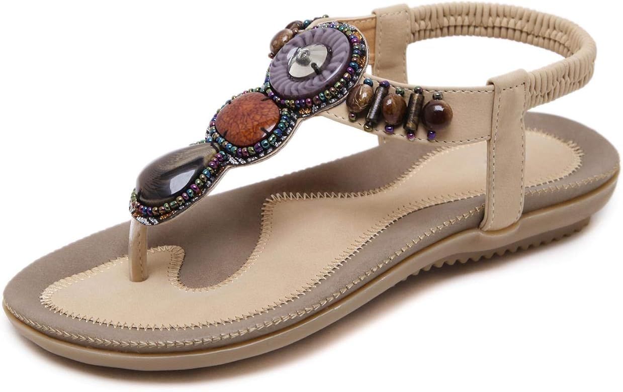SHIBEVER Women's Sandals Summer Bohemian Flat Casual Ankle T-Strap Thong Elastic Comfortable Flip... | Amazon (US)