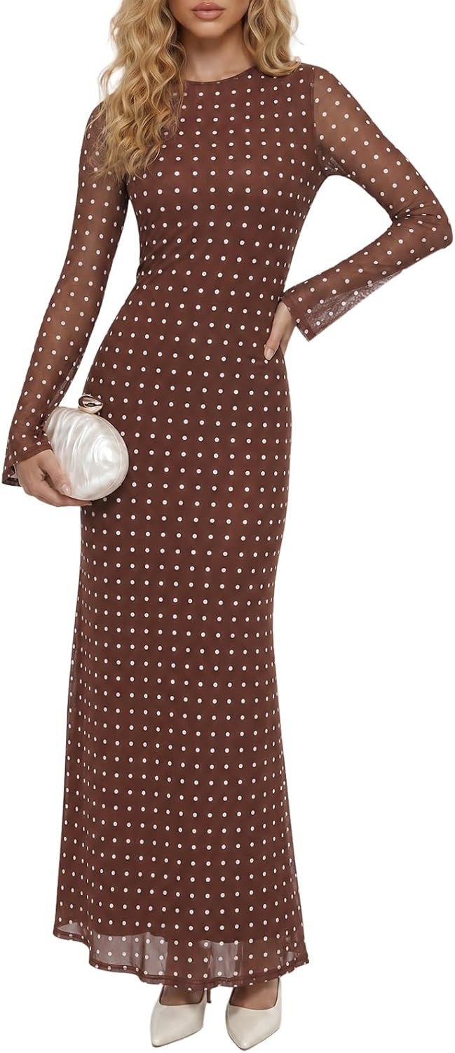Wenrine Womens Long Sleeve Maxi Dress Floral Mesh Wedding Guest Dresses | Amazon (US)