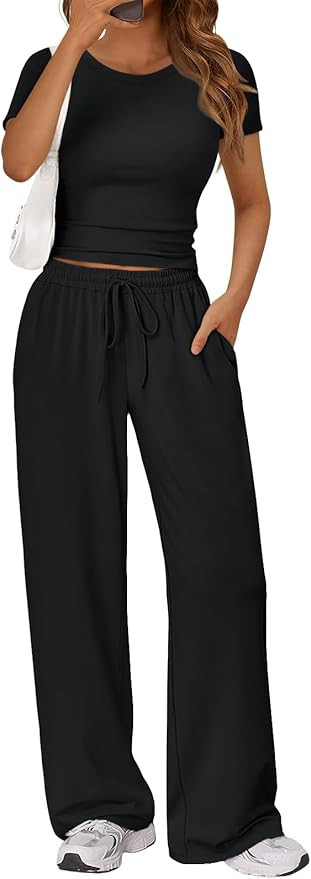 Trendy Queen 2 Piece Matching Summer Lounge Set Womens Side Ruching Top Wide Leg Pants Sets with ... | Amazon (US)